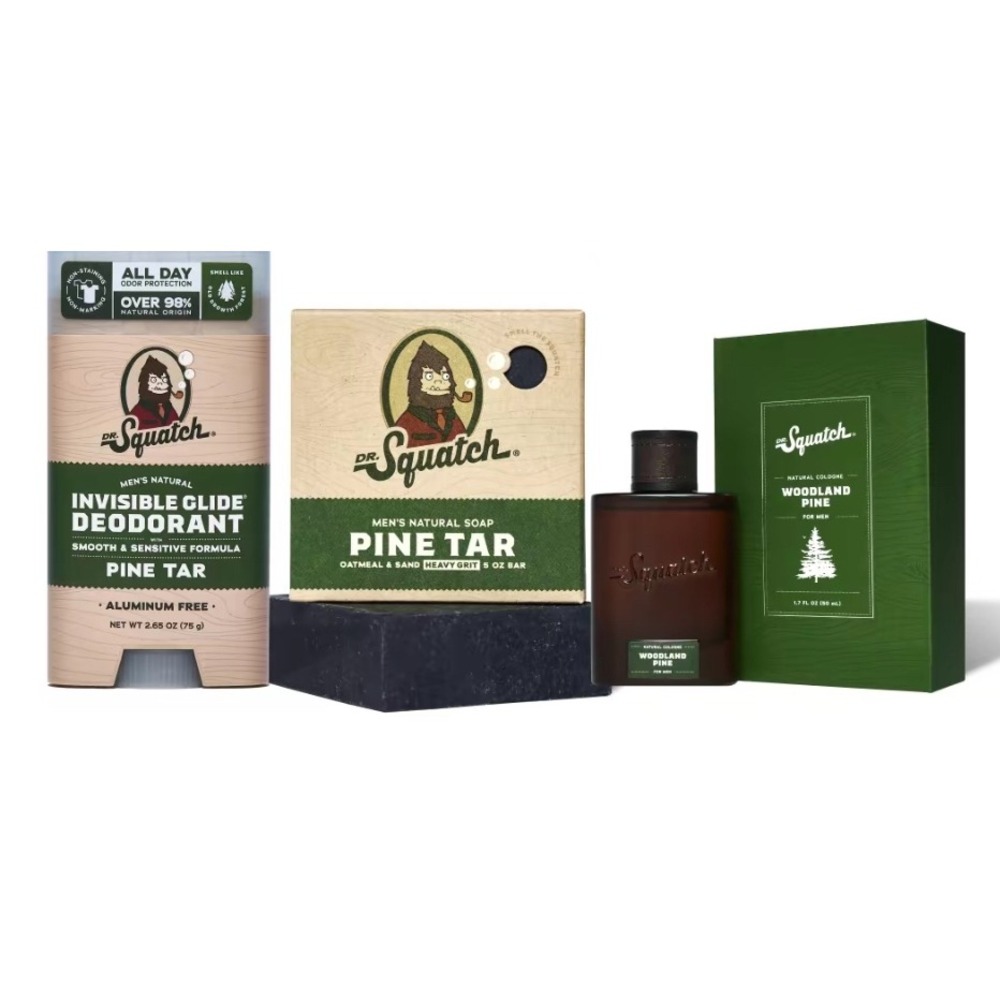 Dr. Squatch Mens Pine Tar Deodorant Bar Soap and Woodland Pine Cologne Set